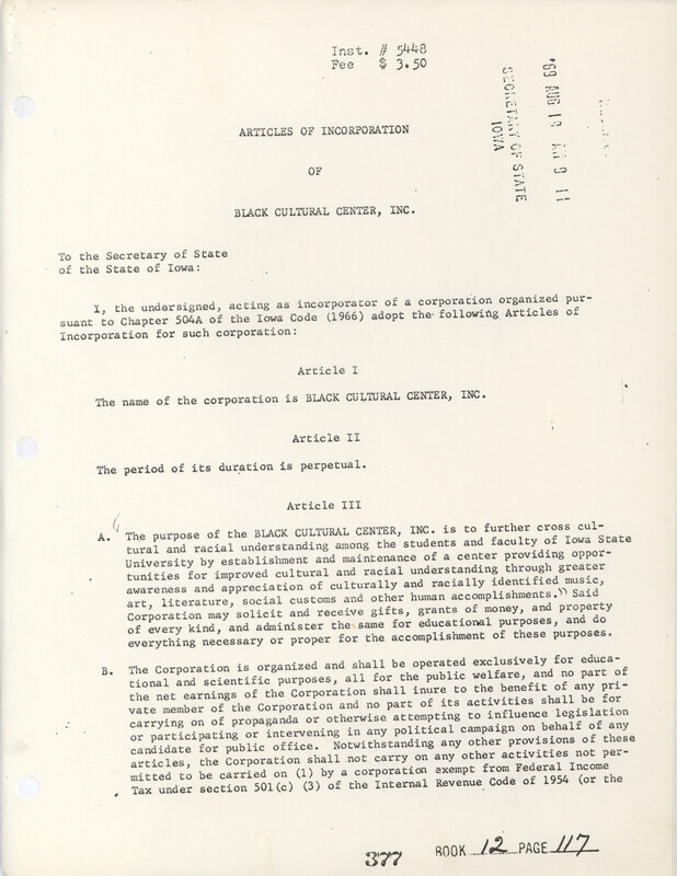 Articles of Incorporation of Black Cultural Center, Inc.