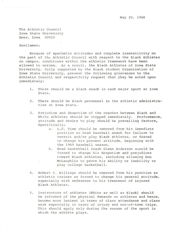 Eight Grievances letter to the ISU Athletic Council from the Black Athletes, dated May 20, 1968