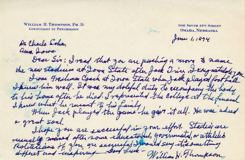 Letter from William H. Thompson to Dr. Charles Sohn