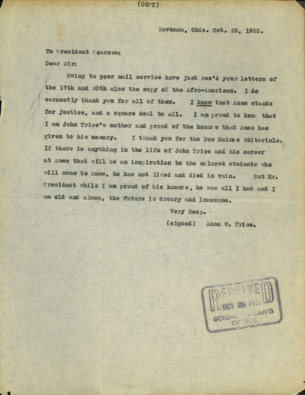 Letter from Anna W. Trice (mother of Jack Trice) to Iowa State College President R. A. Pearson