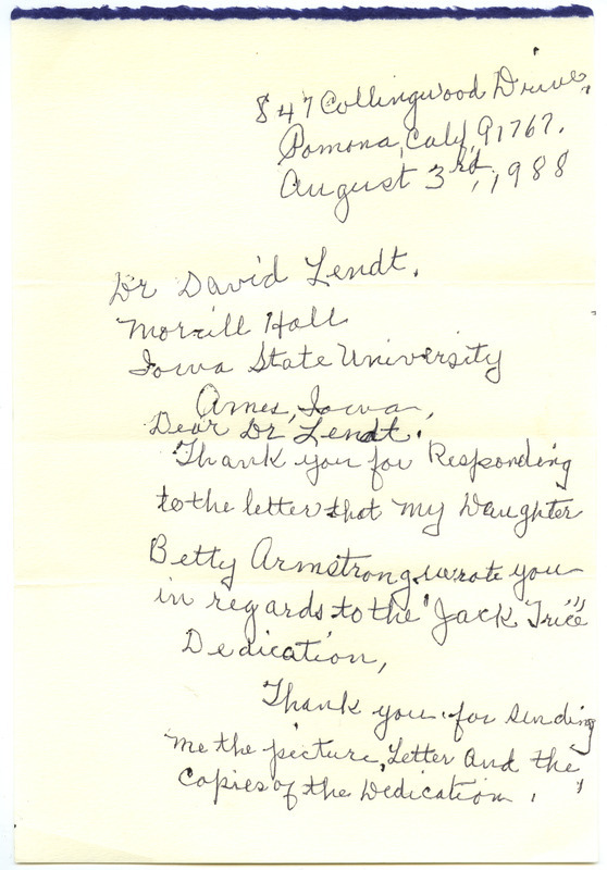 Letter from Cora Mae Trice Greene (widow of Jack Trice) to Dr. David Lendt (Director of Information, Iowa State University), page one