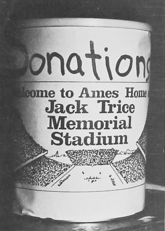 Photo of Donation Can for “Welcome to Ames Home of Jack Trice Memorial Stadium”