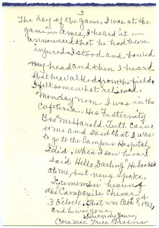 Letter from Cora Mae Trice Greene (widow of Jack Trice) to Dr. David Lendt (Director of Information, Iowa State University), page three