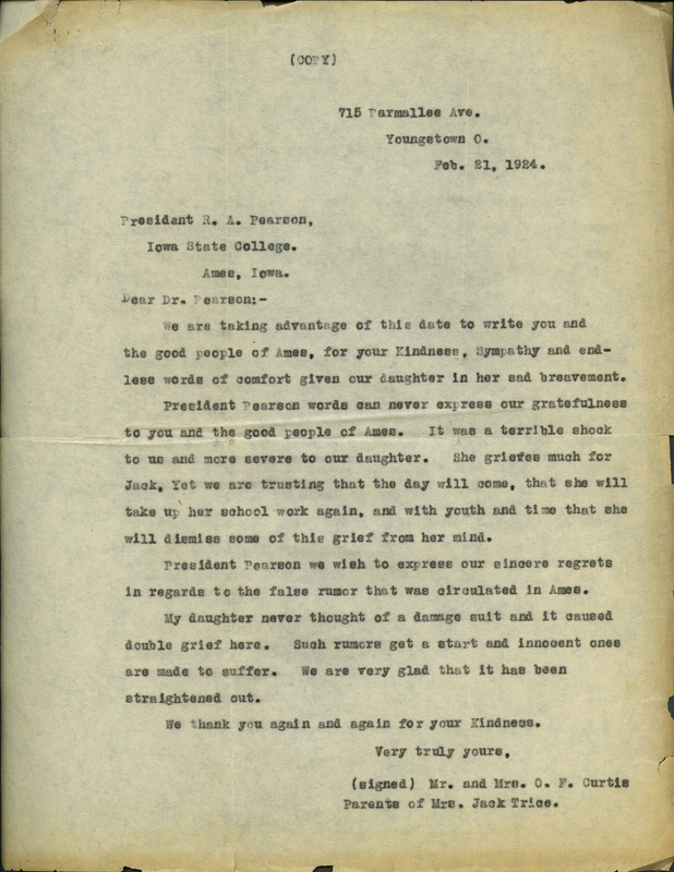 Letter from Mr. and Mrs. C. F. Curtis (parents of Cora Mae Trice, widow of Jack Trice) to Iowa State College President R. A. Pearson