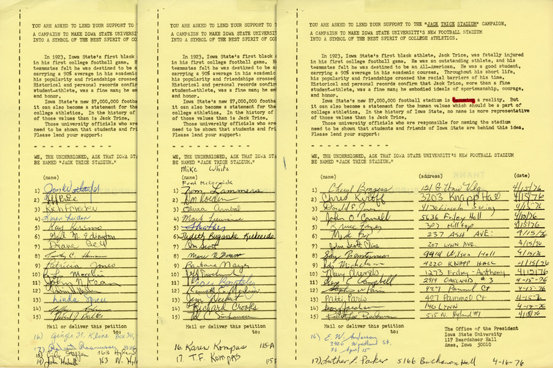 Signed Petitions Supporting the Stadium Being Named for Jack Trice