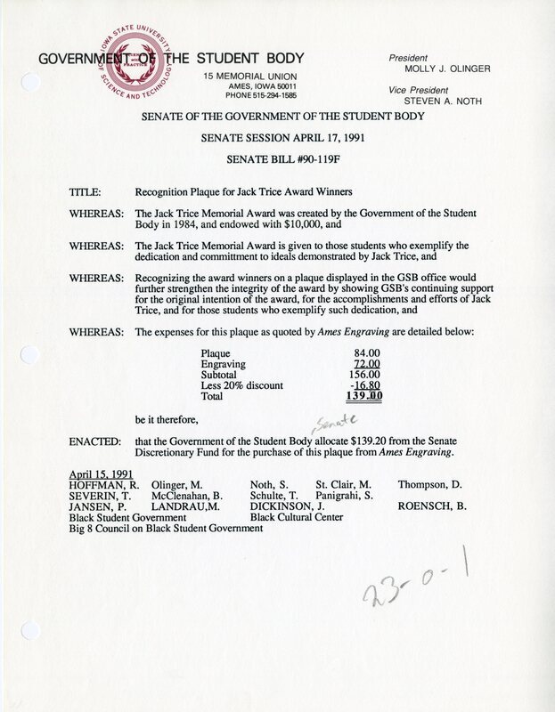 Government of the Student Body Senate Bill #90-119F, "Recognition Plaque for Jack Trice Award Winners"