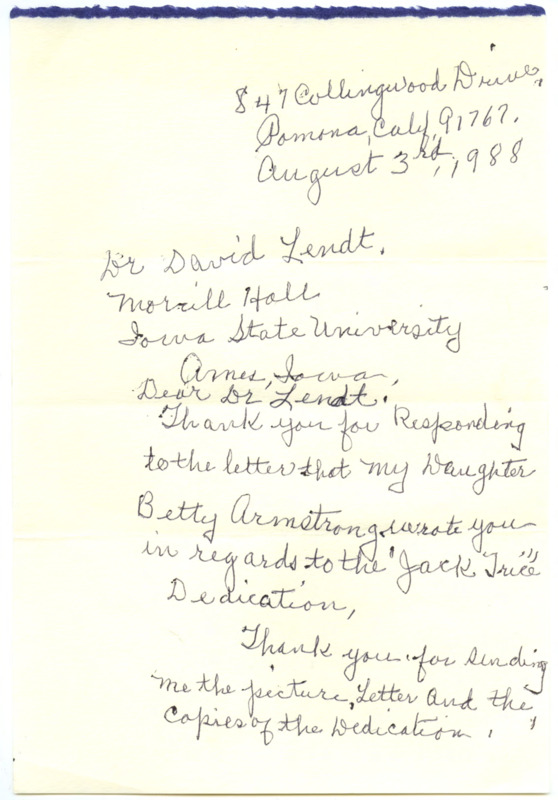 Letter from Cora Mae Trice Greene (widow of Jack Trice) to Dr. David Lendt (Director of Information, Iowa State University)