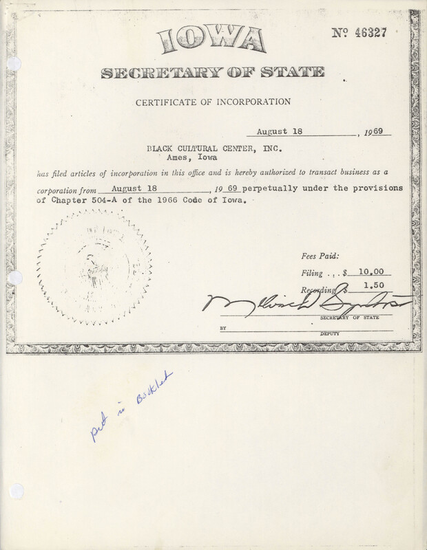 Iowa Secretary of State Certificate of Incorporation No. 46327<br />
August 18, 1969